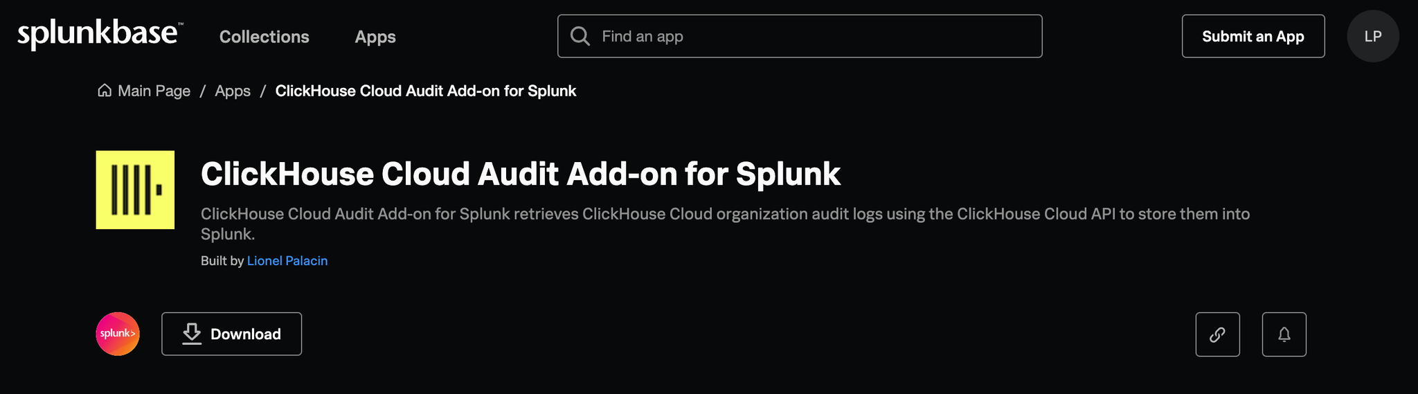 Splunkbase website showing the ClickHouse Cloud Audit Add-on for Splunk download page - Zoomed
