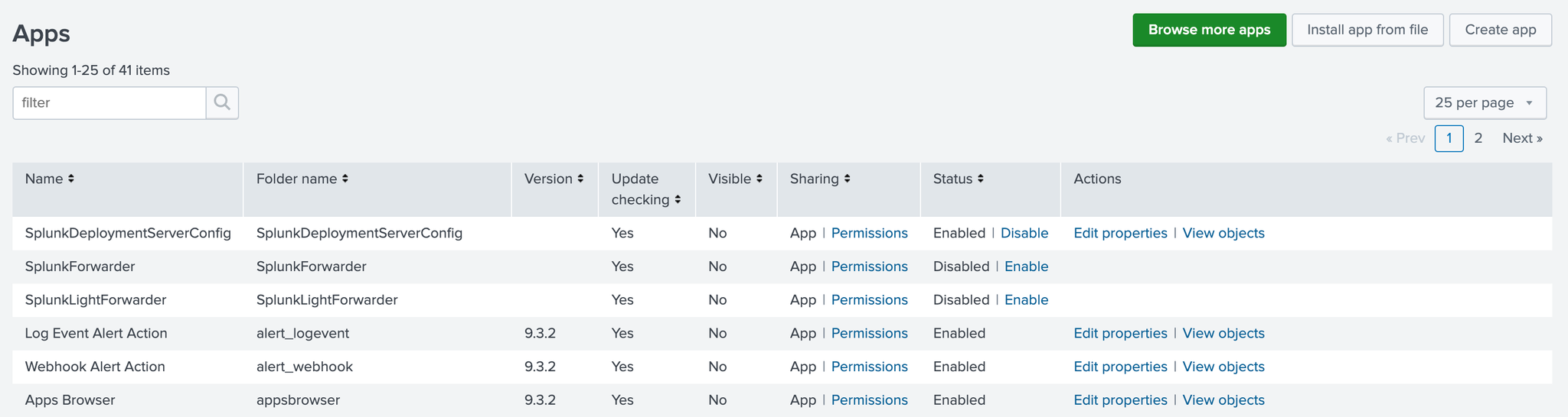 Splunk Enterprise interface showing the Apps management page with Install app from file option - Zoomed