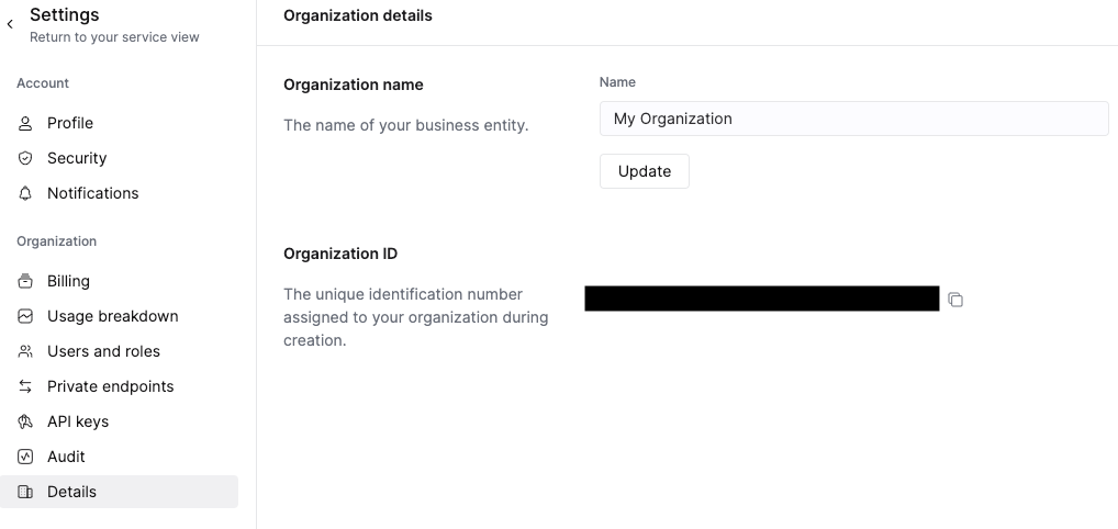 ClickHouse Cloud console showing the Organization details page with Organization ID - Zoomed