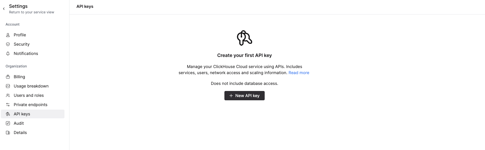 ClickHouse Cloud console showing the API Keys section in the left navigation menu - Zoomed