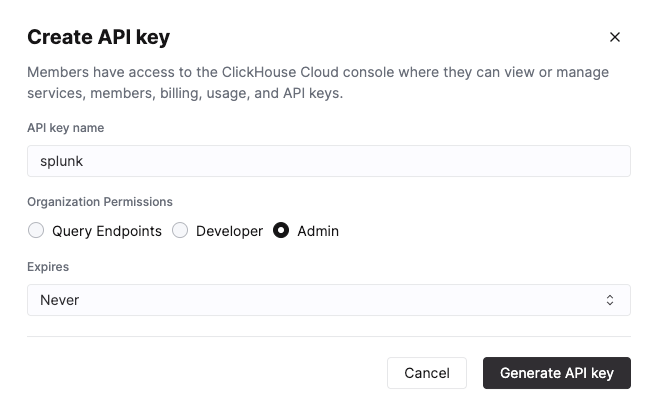ClickHouse Cloud console showing the API Key creation interface with Admin privileges selected - Zoomed