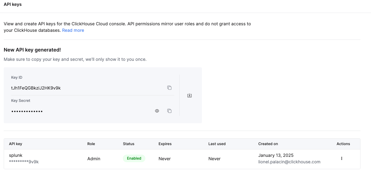 ClickHouse Cloud console showing the generated API Key and secret to be saved - Zoomed