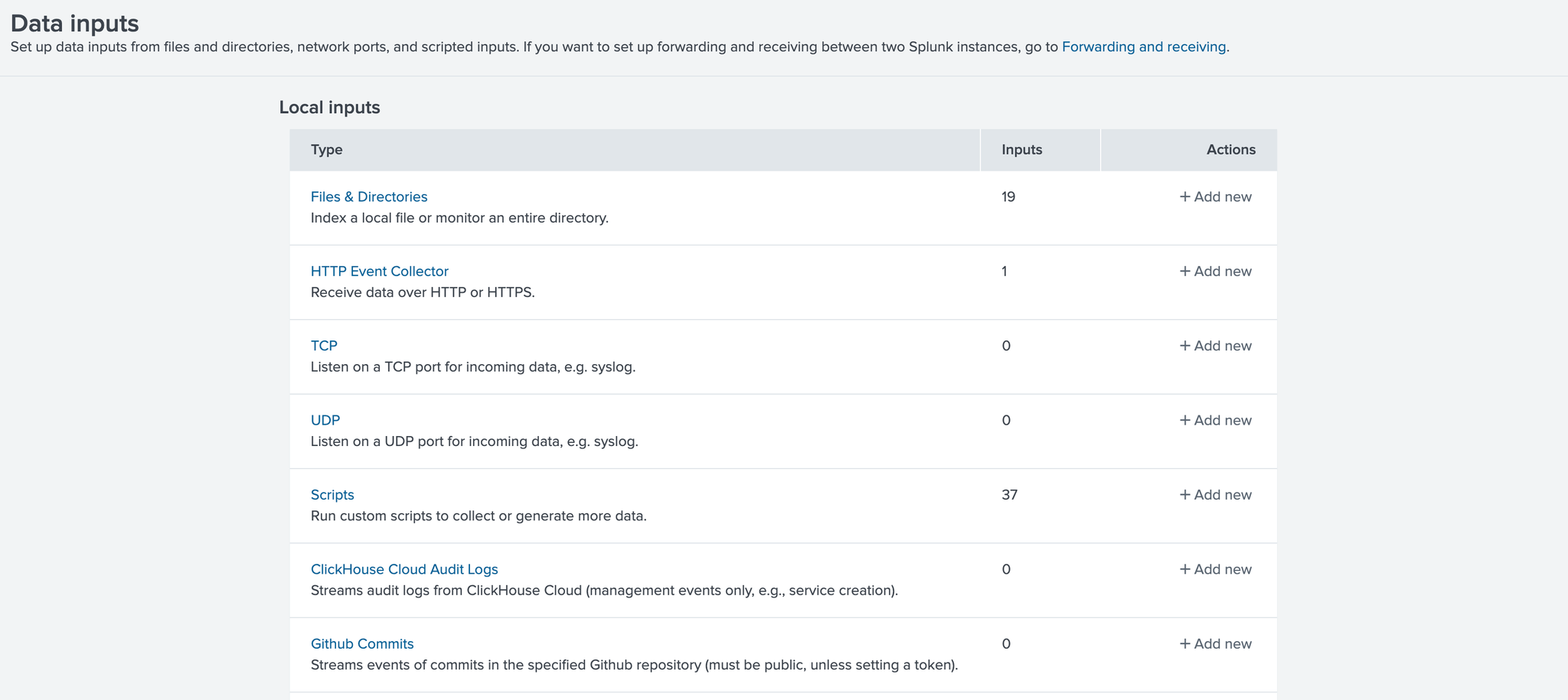 Splunk interface showing the Settings menu with Data inputs option - Zoomed