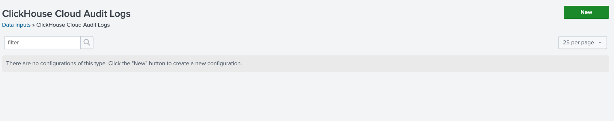 Splunk Data inputs page showing the ClickHouse Cloud Audit Logs option - Zoomed