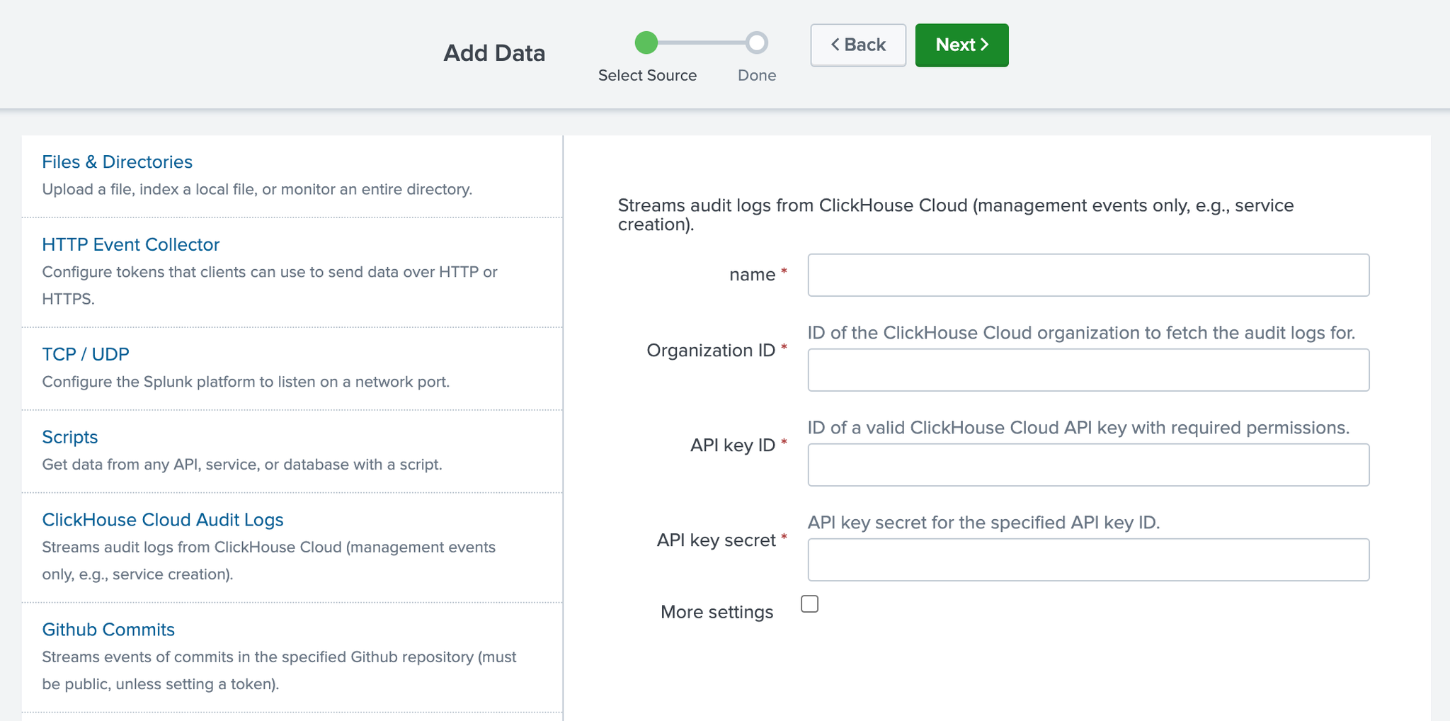Splunk interface for configuring a new ClickHouse Cloud Audit Logs data input - Zoomed
