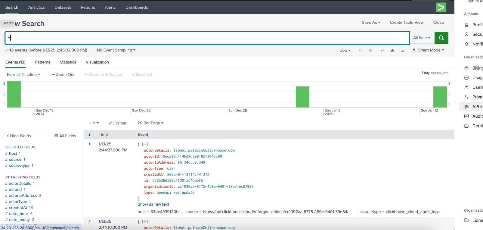 Splunk search interface showing ClickHouse audit logs data - Zoomed